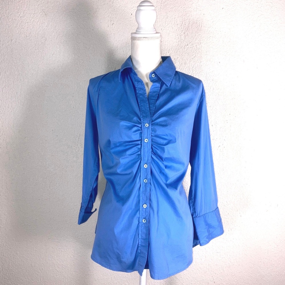 Craig Taylor Grace Fit Blue Ruched Front Button Down Blouse Shirt Womens XL